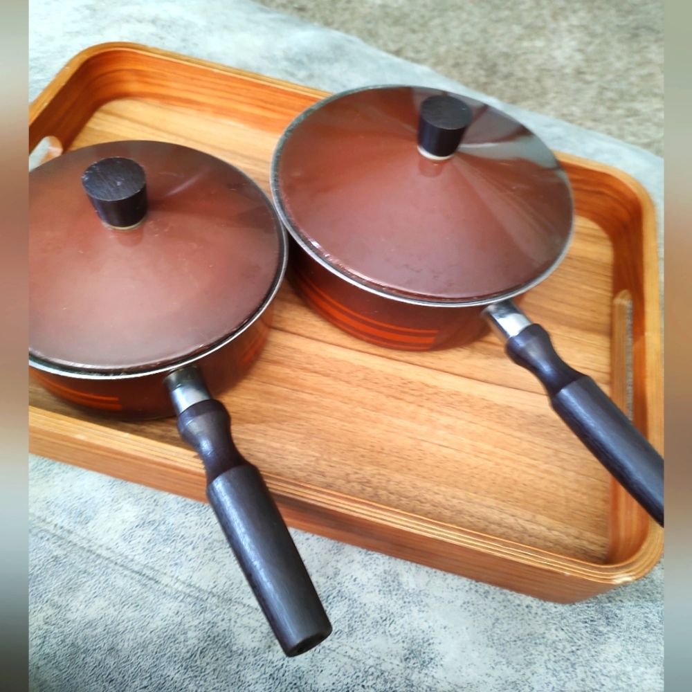 Vintage MCM Regal Ware Inc striped wooden handled 2 and 5 qt pots with lids